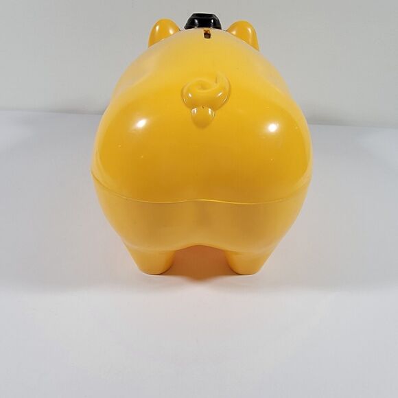 Vintage Yellow Hard Plastic Hat Tipping Piggy Bank No Bottom Stopper - Picture 4 of 9